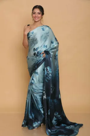 Aastha Fashion Women's Blue Digital Printed Pure Japan Satin Designer Saree with Blouse