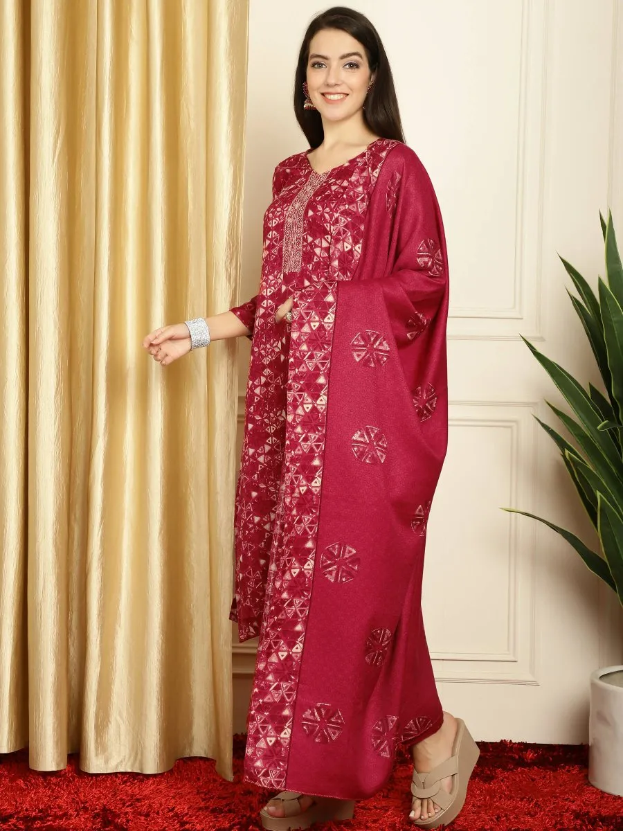Aastha Fashion Women's Red Pashmina Floral Digital Printed Kurta with Trouser & Dupatta