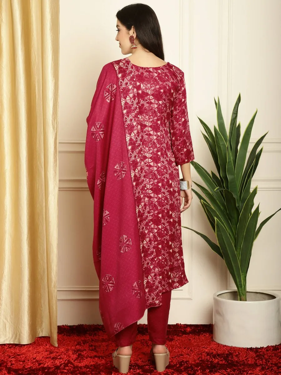 Aastha Fashion Women's Red Pashmina Floral Digital Printed Kurta with Trouser & Dupatta