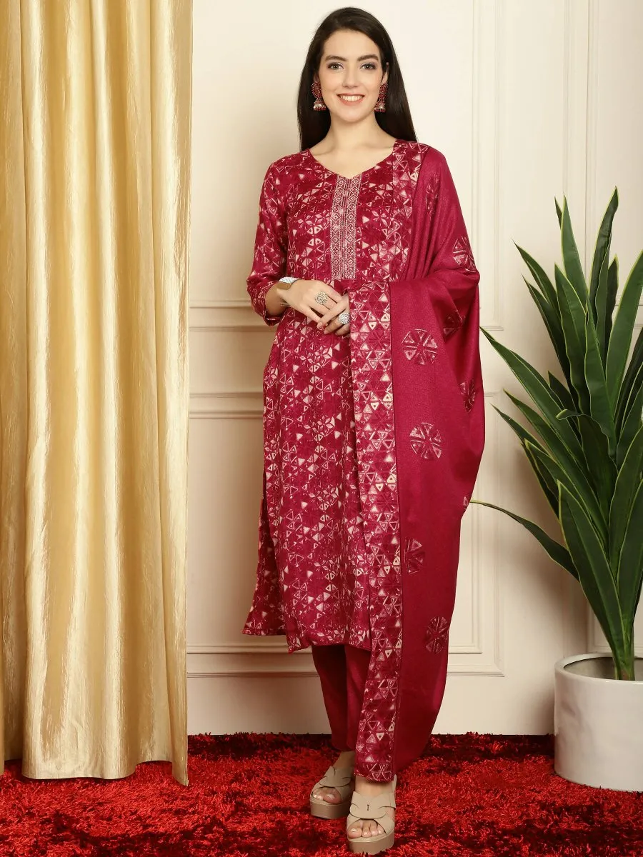 Aastha Fashion Women's Red Pashmina Floral Digital Printed Kurta with Trouser & Dupatta