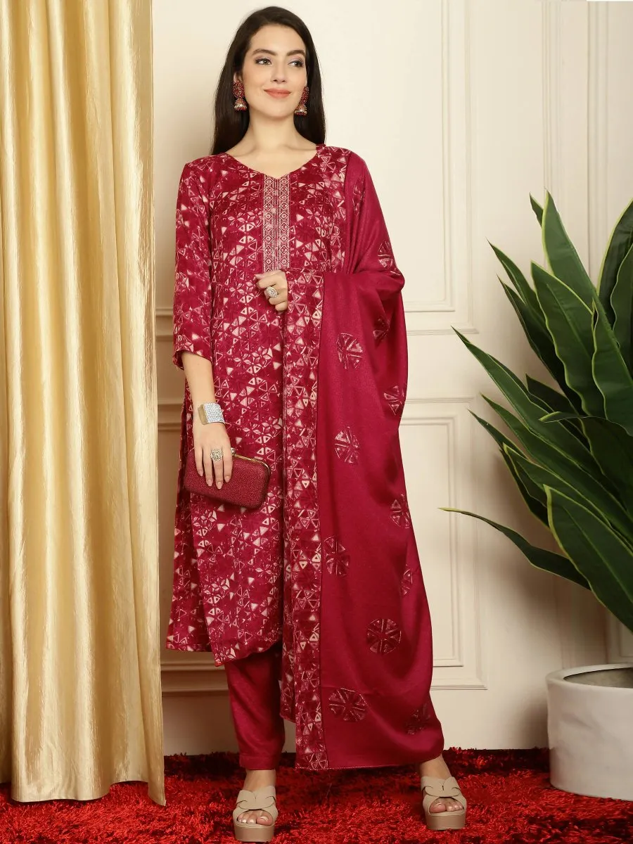 Aastha Fashion Women's Red Pashmina Floral Digital Printed Kurta with Trouser & Dupatta