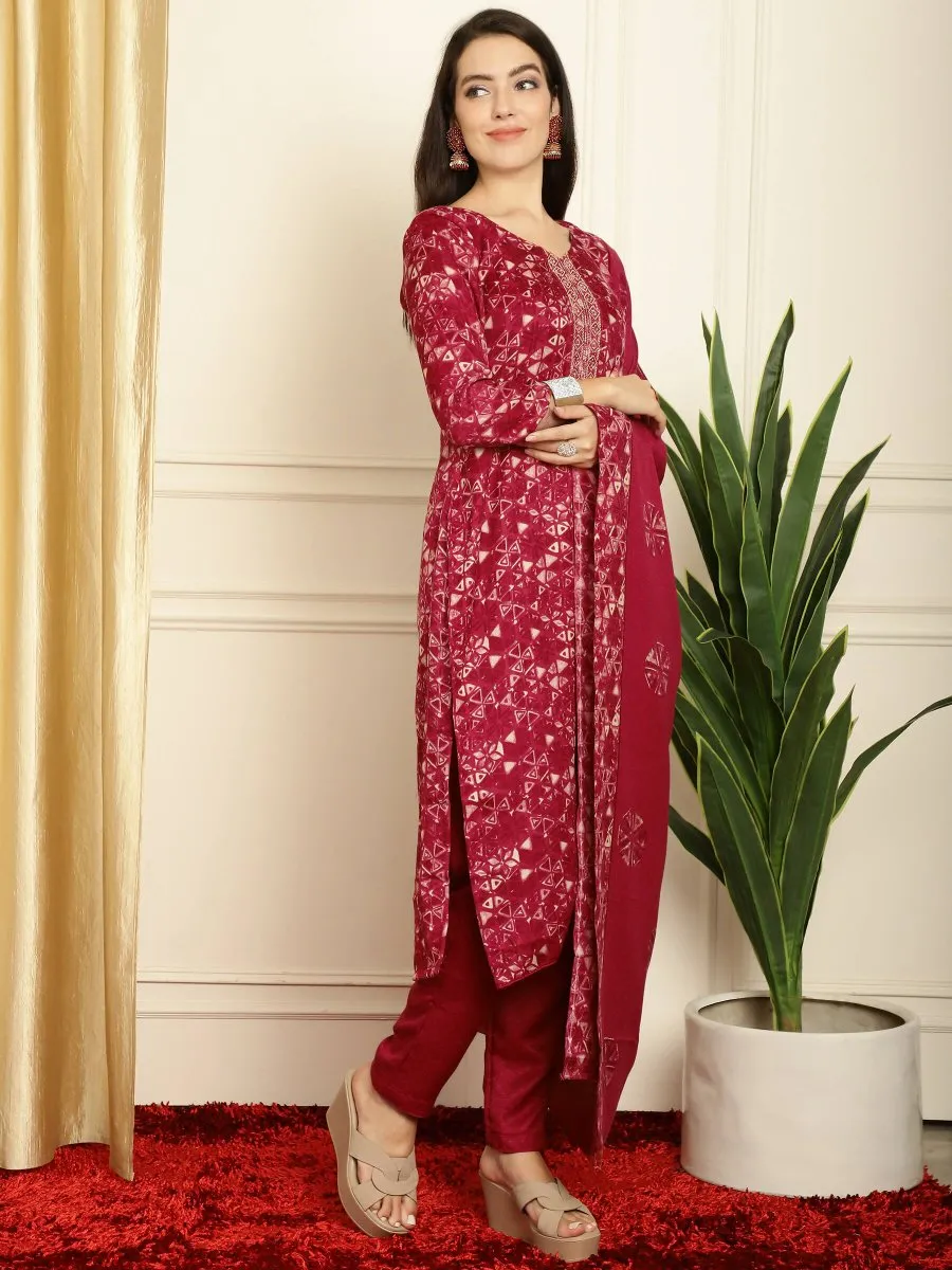 Aastha Fashion Women's Red Pashmina Floral Digital Printed Kurta with Trouser & Dupatta