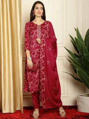 Aastha Fashion Women's Red Pashmina Floral Digital Printed Kurta with Trouser & Dupatta
