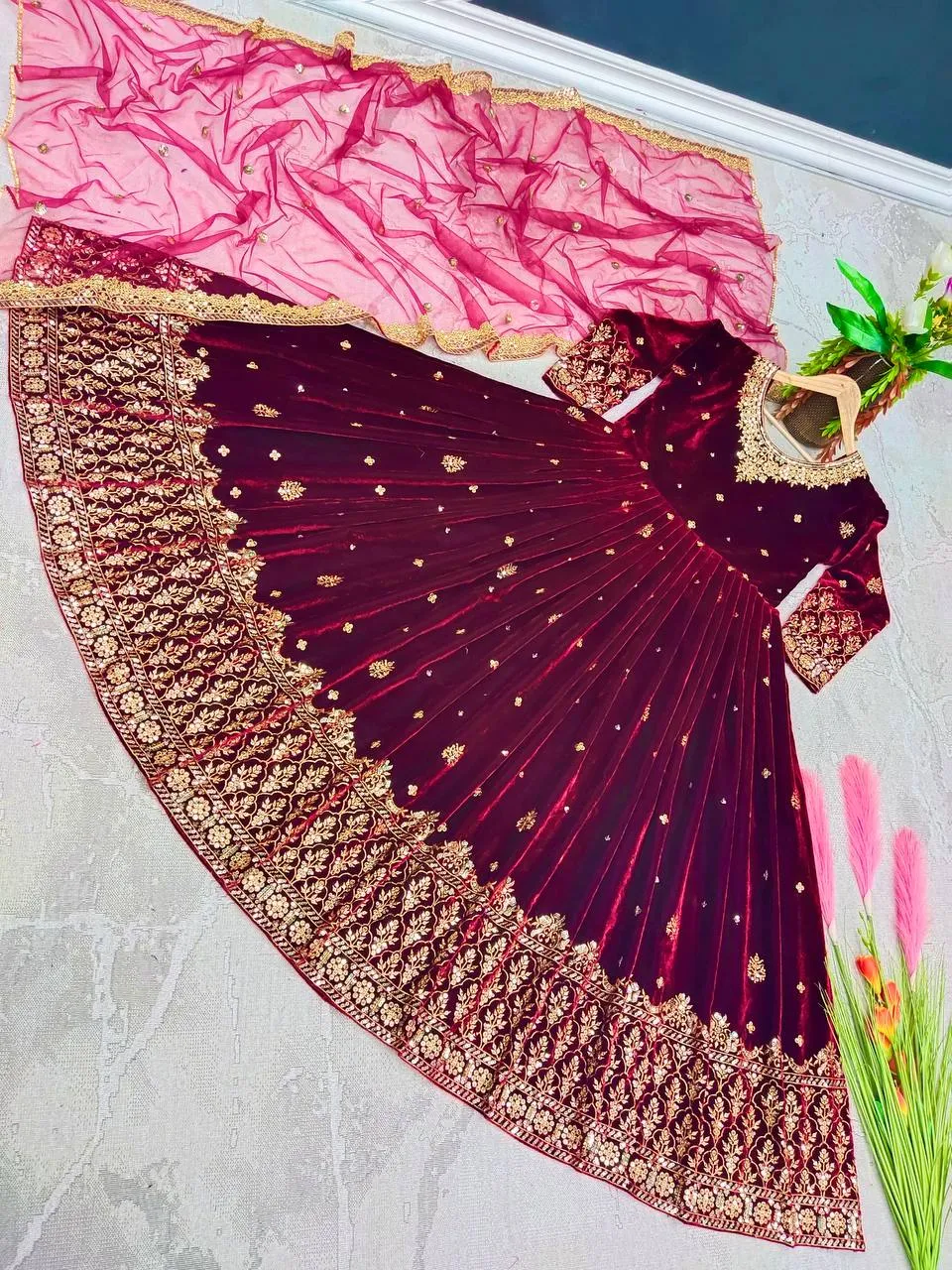 Adorable Red Color Sequence Work Velvet Gown