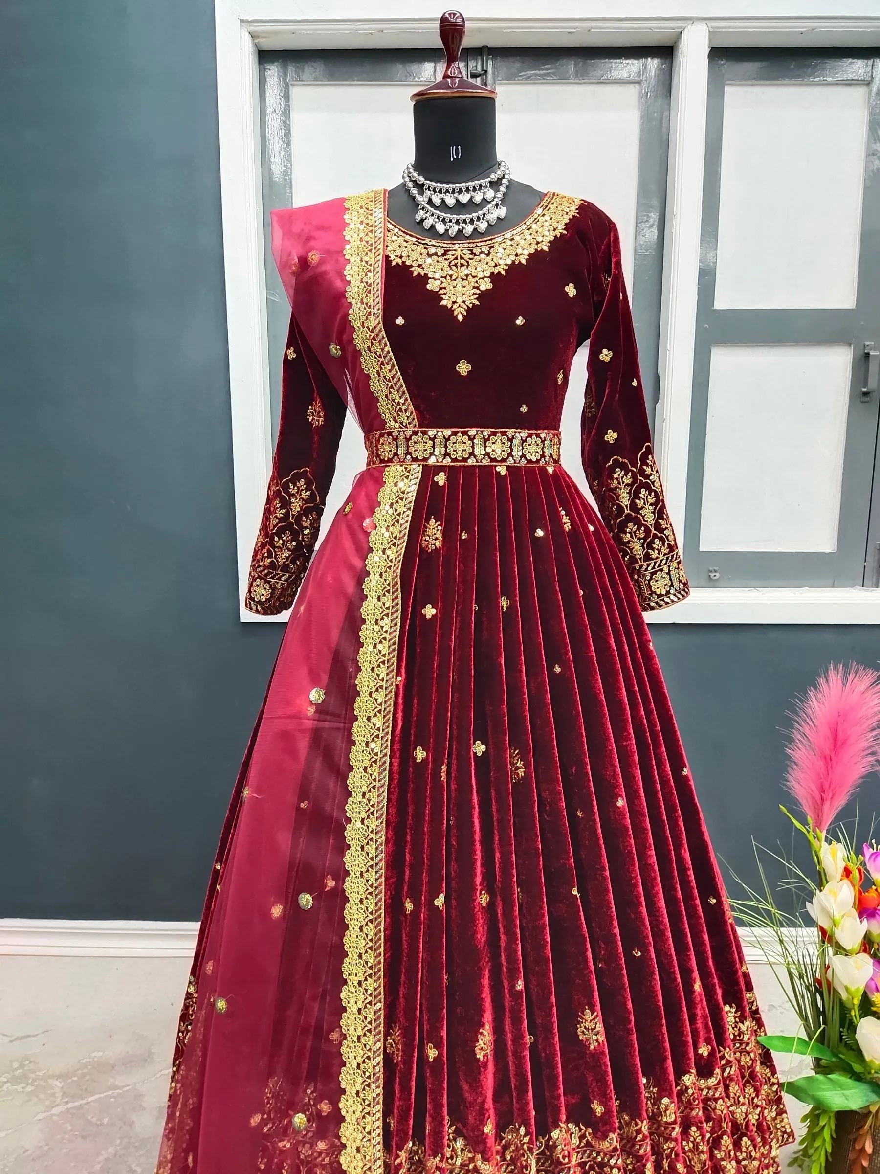 Adorable Red Color Sequence Work Velvet Gown