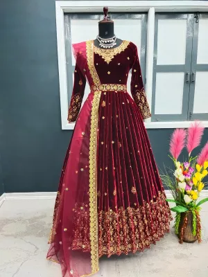Adorable Red Color Sequence Work Velvet Gown