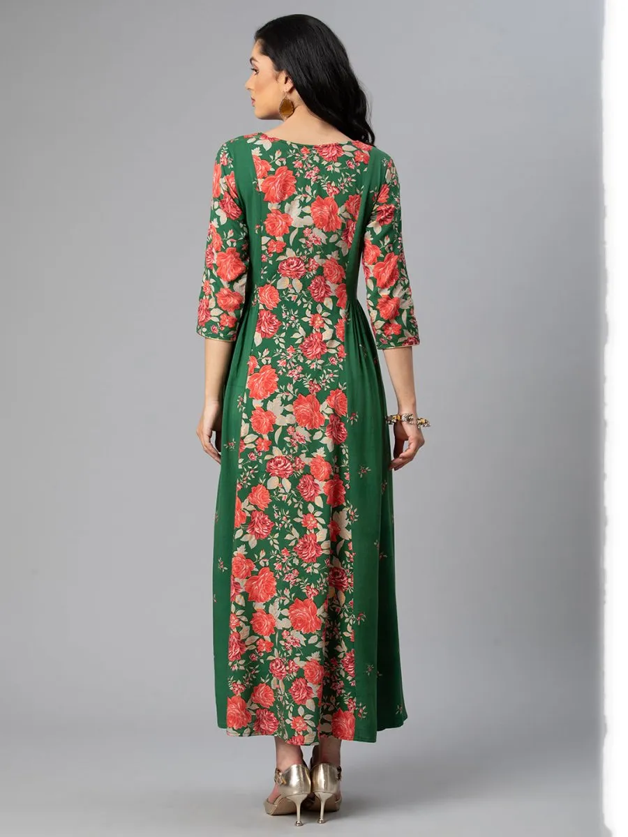 Ahalyaa Viscose Rayon Green Floral Printed Kurta
