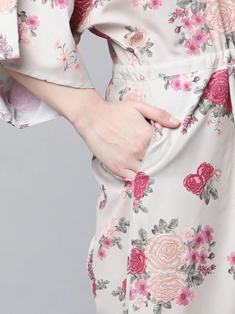 Ahalyaa Womens Beige Crepe Digital Floral Print Jumpsuit