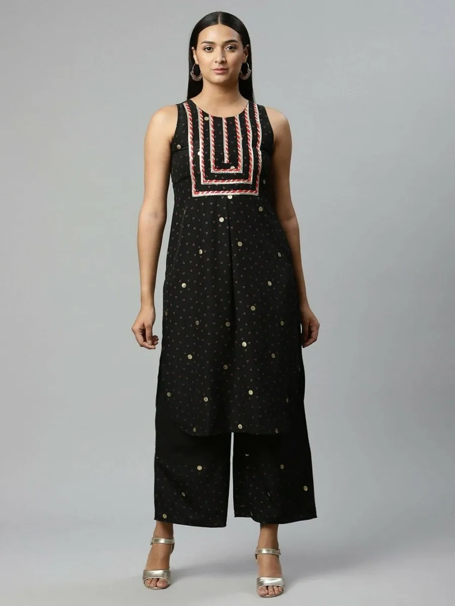 Ahalyaa Womens Black Crepe Printed Kurta Palazzo Set