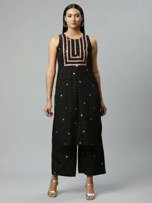Ahalyaa Womens Black Crepe Printed Kurta Palazzo Set