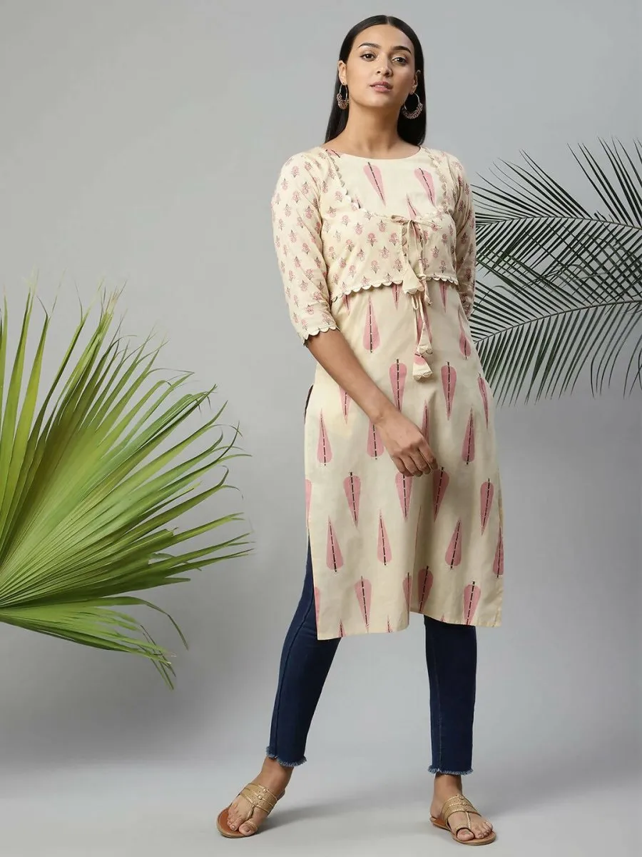 Ahalyaa Womens Chiku Pure Cotton Printed Kurtas