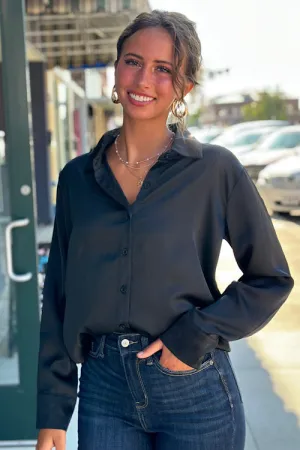 Alison - Satin Button Down - Black
