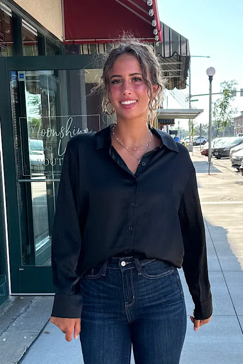 Alison - Satin Button Down - Black