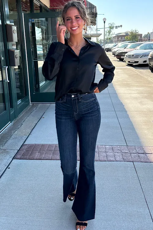 Alison - Satin Button Down - Black