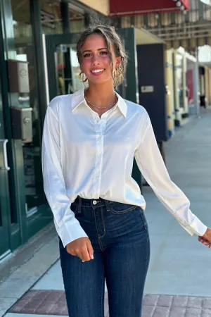 Alison - Satin Button Down - White