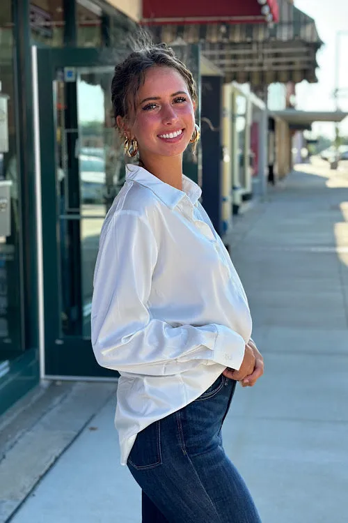 Alison - Satin Button Down - White