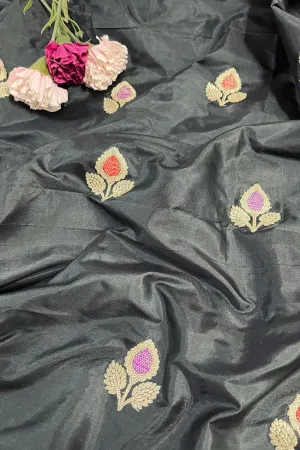 Black Banarasi Pure Katan Silk Meenakari Fabric ( 1 Mtr )
