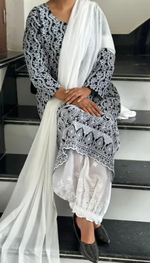 Black Lucknow Luxe Elegance 3 pc Kurti Set with Afghani Pants & Dupatta