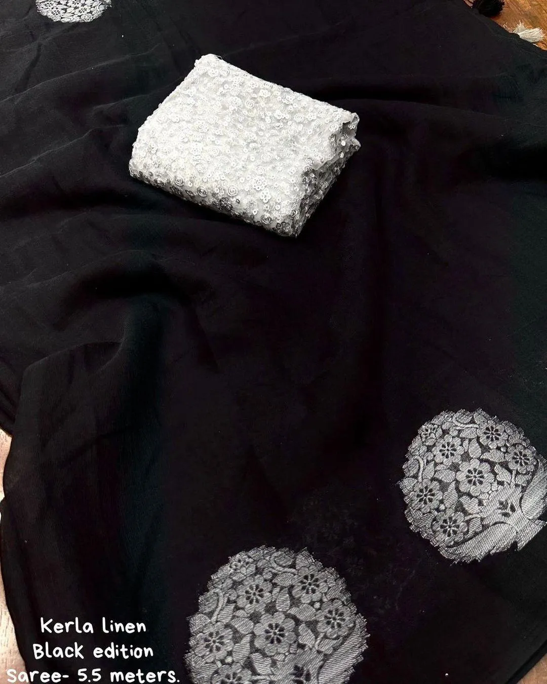 Black Pure Linen Woven Design Saree with Unstitched Blouse - Hiral Fashion