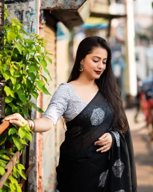 Black Pure Linen Woven Design Saree with Unstitched Blouse - Hiral Fashion