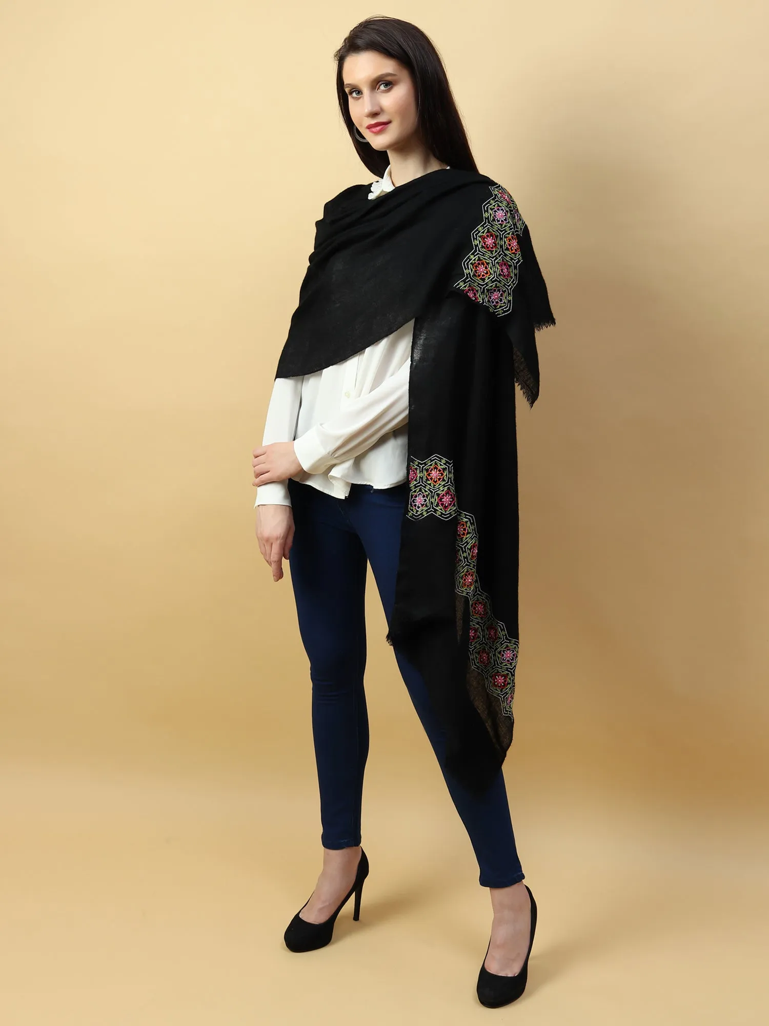 Black Shawl, Pure Pashmina Shawl hand embroidered with intricate floral artwork