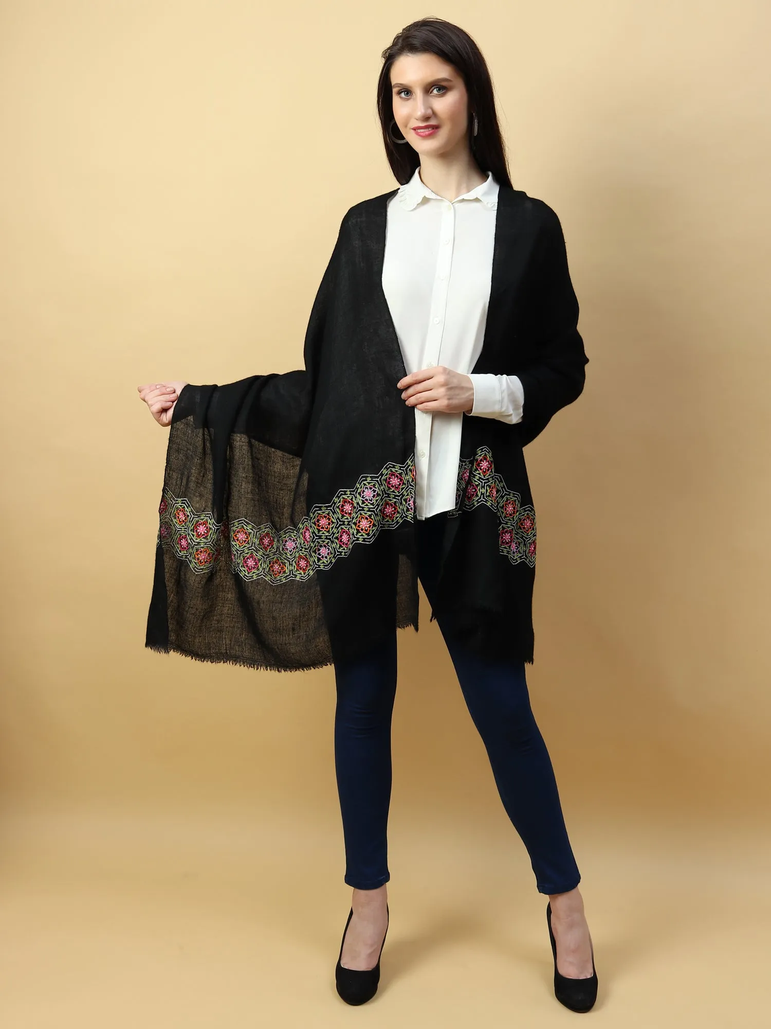 Black Shawl, Pure Pashmina Shawl hand embroidered with intricate floral artwork