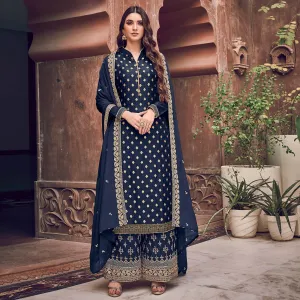 Blue Embroidered Pure Dola Jacquard Partywear Suit