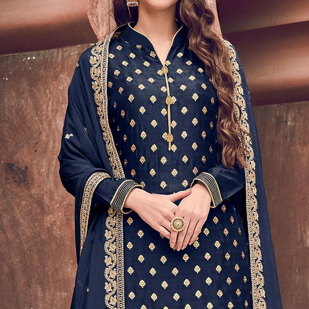 Blue Embroidered Pure Dola Jacquard Partywear Suit