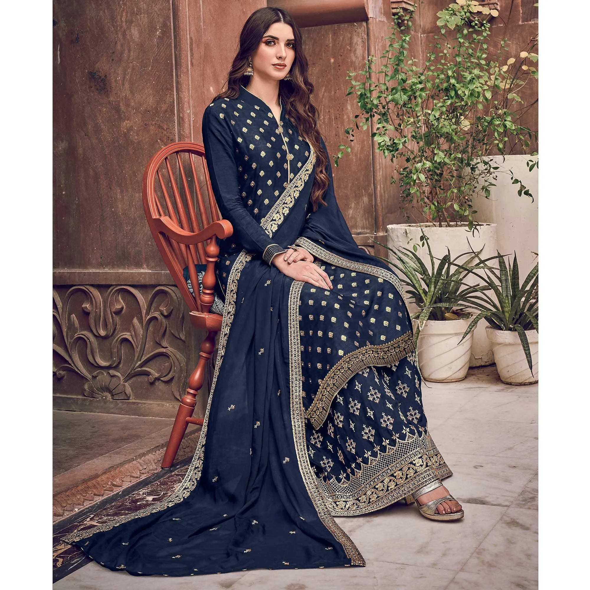 Blue Embroidered Pure Dola Jacquard Partywear Suit