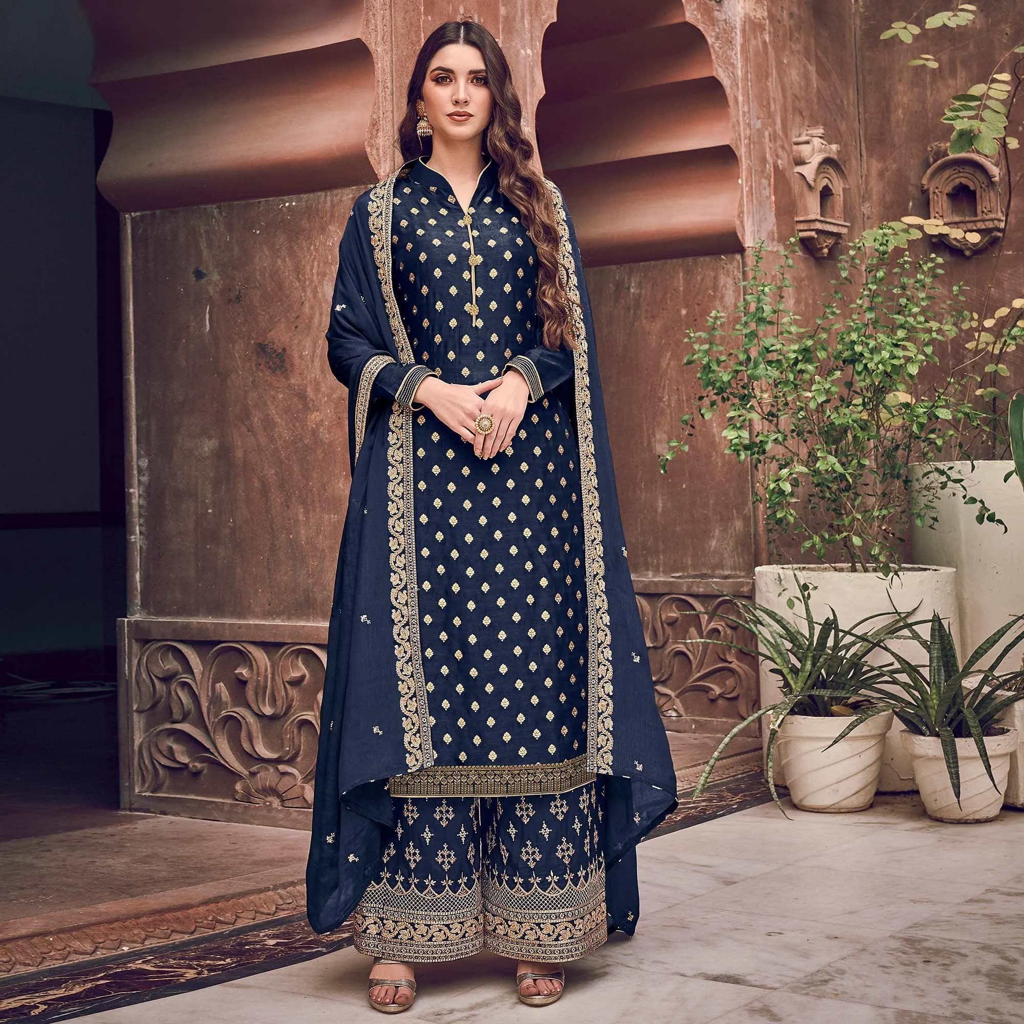 Blue Embroidered Pure Dola Jacquard Partywear Suit