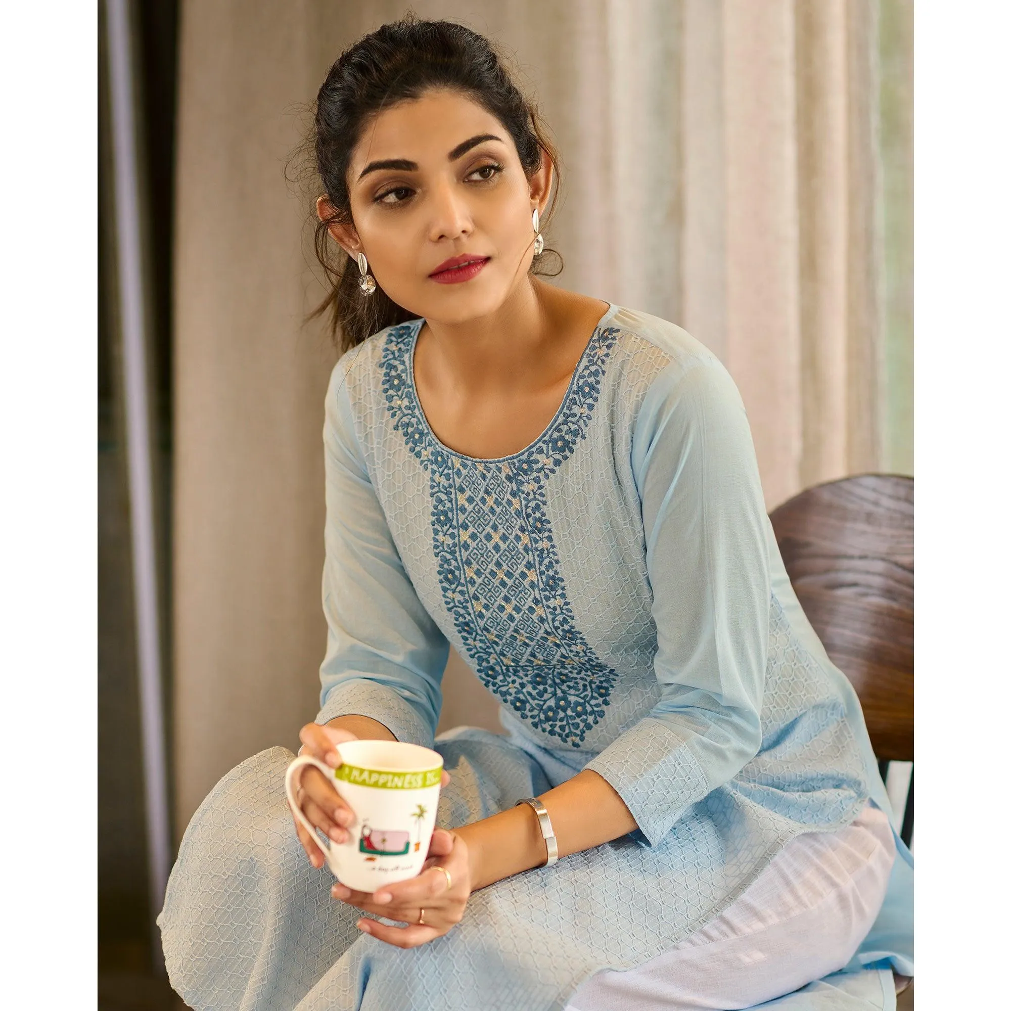 Blue Floral Embroidered Pure Cotton Kurti