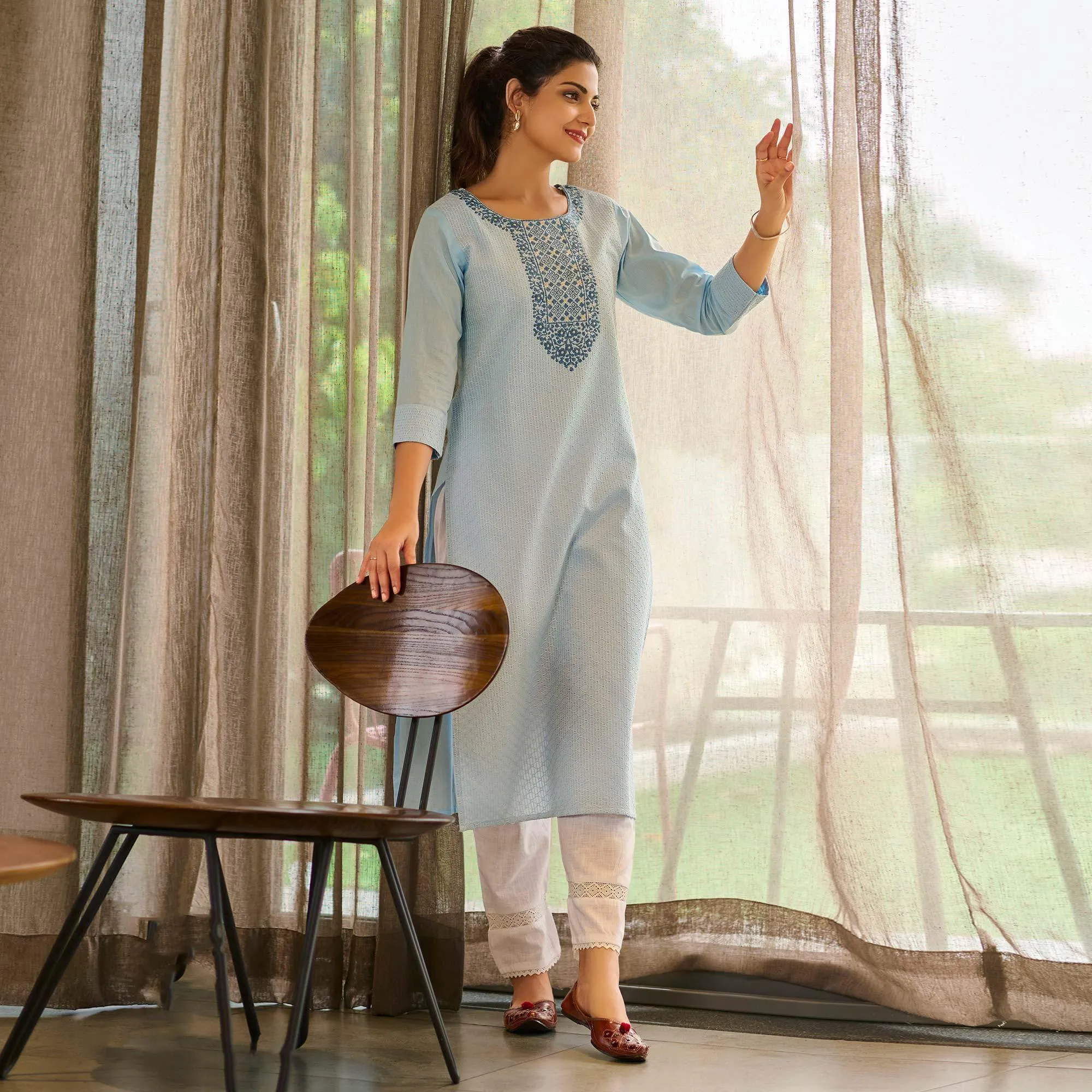 Blue Floral Embroidered Pure Cotton Kurti