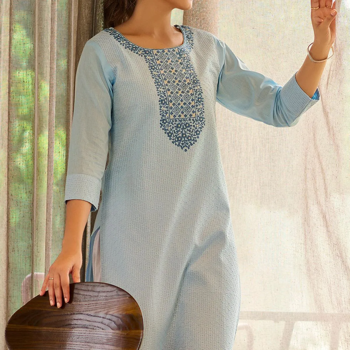 Blue Floral Embroidered Pure Cotton Kurti