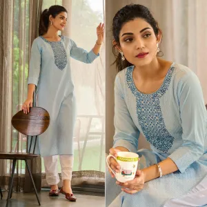 Blue Floral Embroidered Pure Cotton Kurti