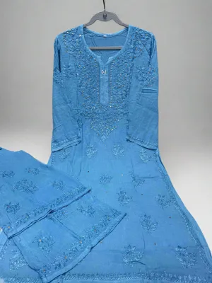 Blue Premium Rayon Lucknow Chikankari Kurti Palazzo Dyed Set with Mukesh Work