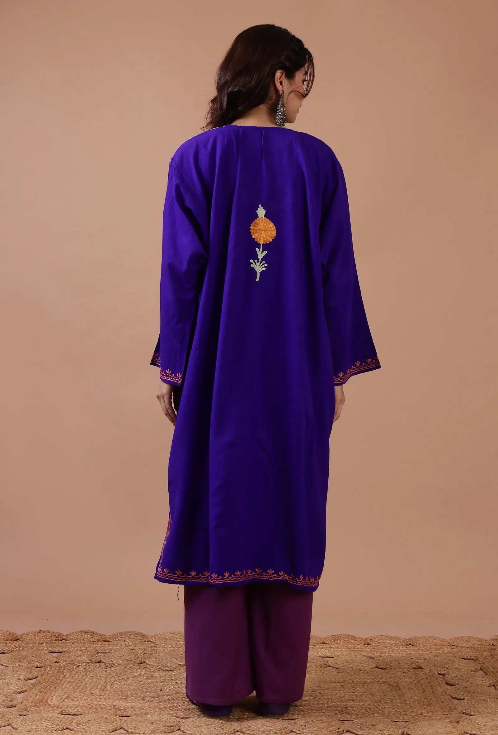 Blue Woolen Ari Embroidered Phiran- Free Size