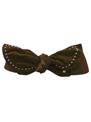 Brown Elastic Cinch Waist Belt With Suede Studded Bow