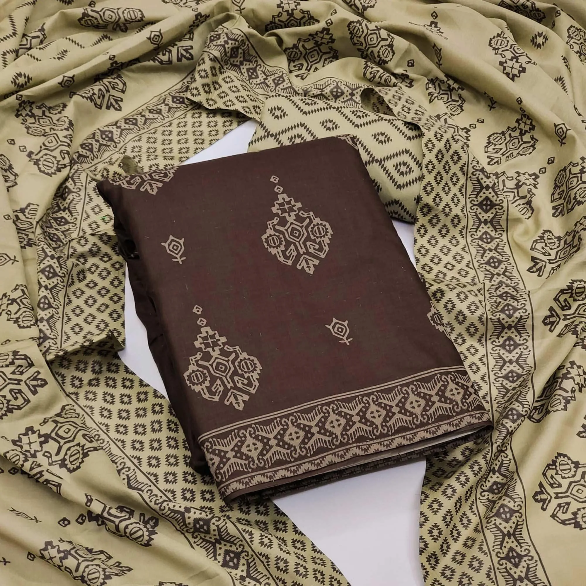 Brown Geometric Printed Cotton Blend Dress Material