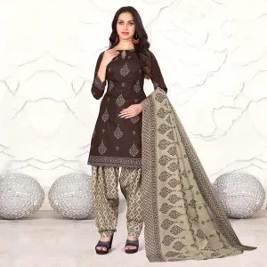 Brown Geometric Printed Cotton Blend Dress Material