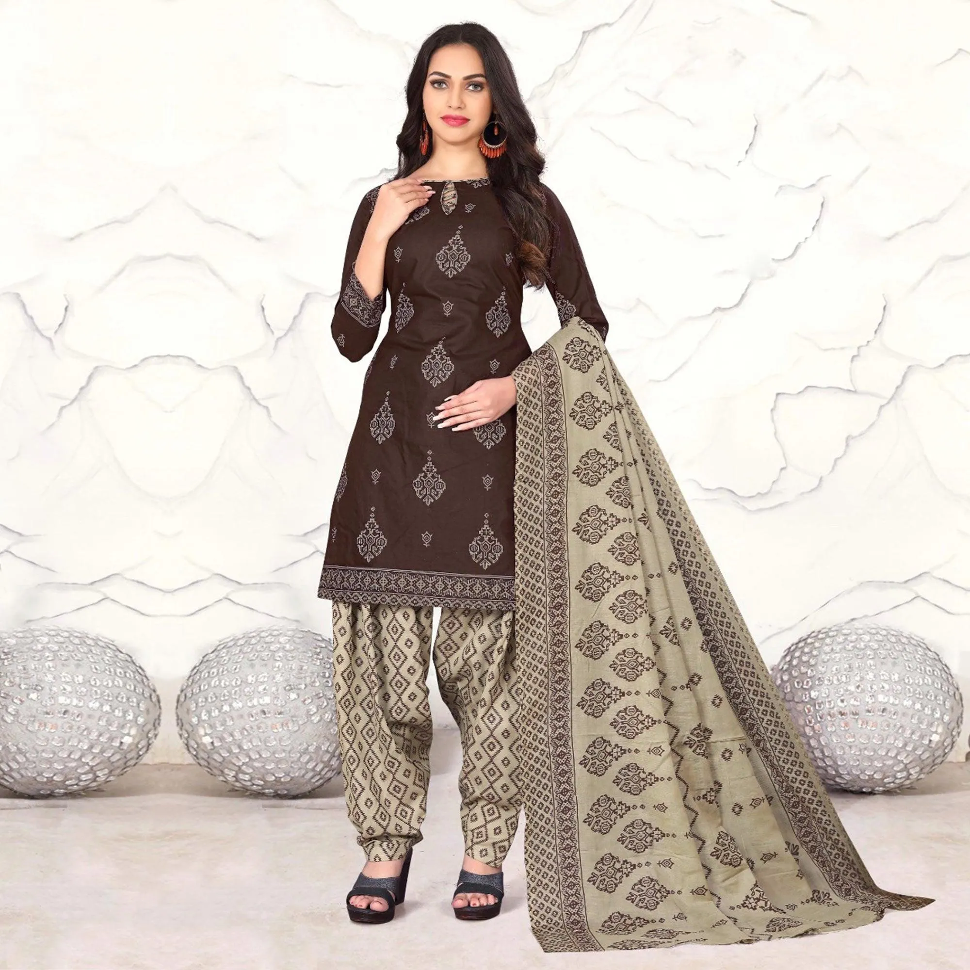 Brown Geometric Printed Cotton Blend Dress Material