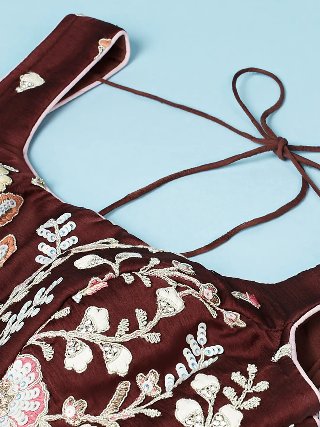 Brown - Pure Georgette Thread & Sequins Work Semi-Stitched Lehenga