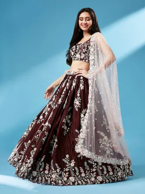 Brown - Pure Georgette Thread & Sequins Work Semi-Stitched Lehenga