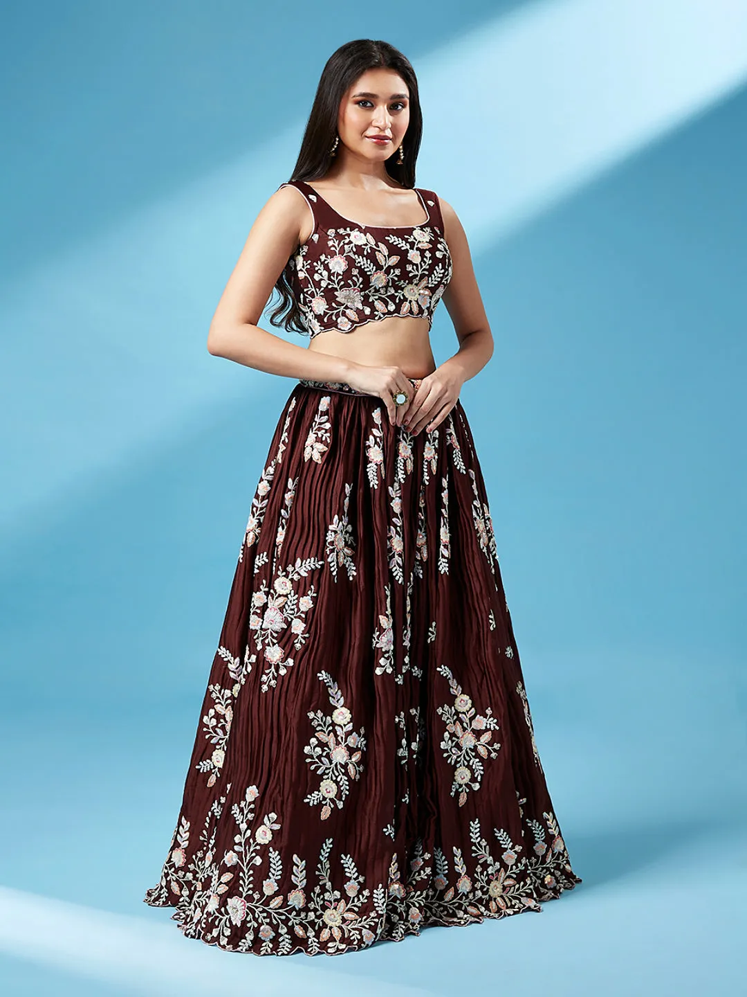 Brown - Pure Georgette Thread & Sequins Work Semi-Stitched Lehenga