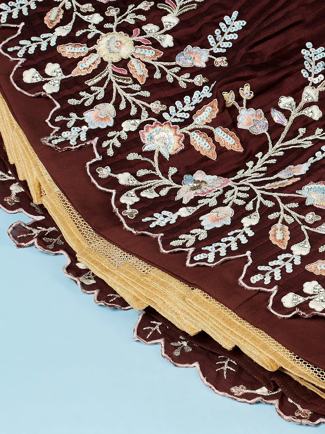 Brown - Pure Georgette Thread & Sequins Work Semi-Stitched Lehenga