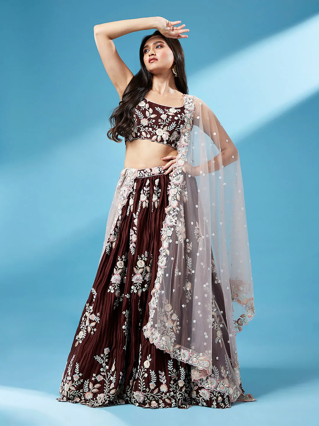 Brown - Pure Georgette Thread & Sequins Work Semi-Stitched Lehenga