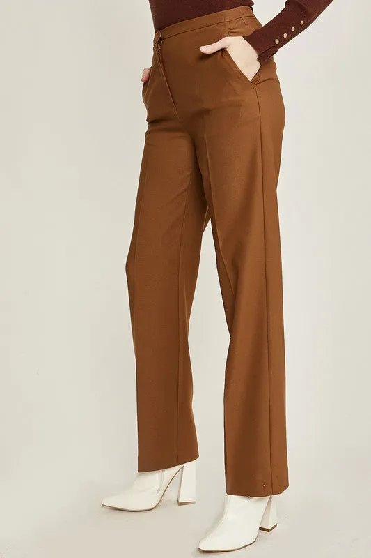 Brown Woven Solid Formal Long Pants