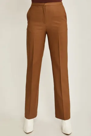 Brown Woven Solid Formal Long Pants