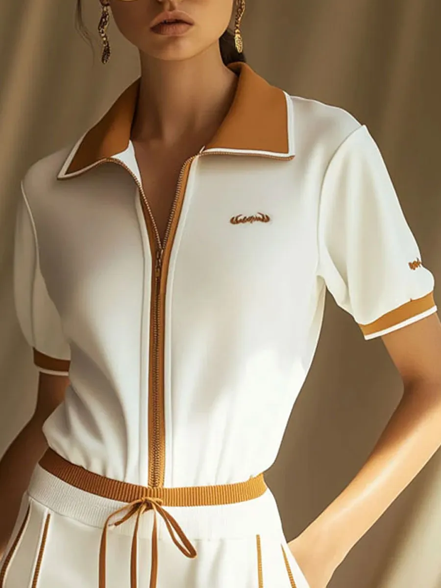 Casual Fashion Zipper Camel Trim White Short Sleeve Shorts Embroidery Set