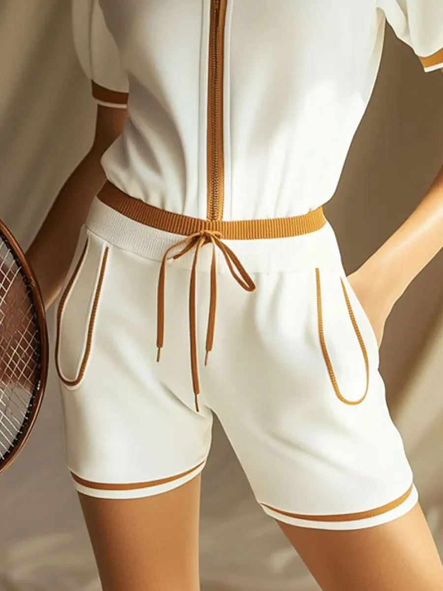 Casual Fashion Zipper Camel Trim White Short Sleeve Shorts Embroidery Set