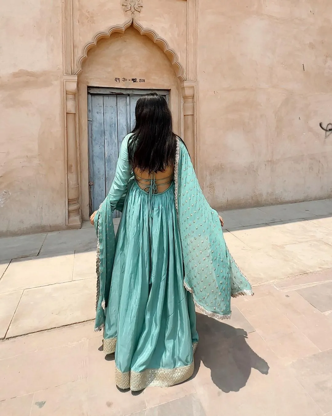 Daisy Teal Blue Sequence Work Long Gown